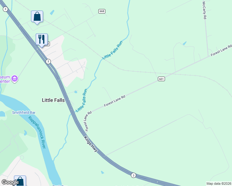 map of restaurants, bars, coffee shops, grocery stores, and more near 63 Forest Lane Road in Fredericksburg