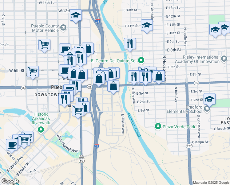 map of restaurants, bars, coffee shops, grocery stores, and more near 228 North Chester Avenue in Pueblo
