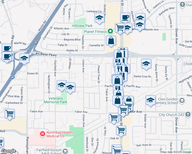 map of restaurants, bars, coffee shops, grocery stores, and more near 2215 Peach Tree Drive in Fairfield