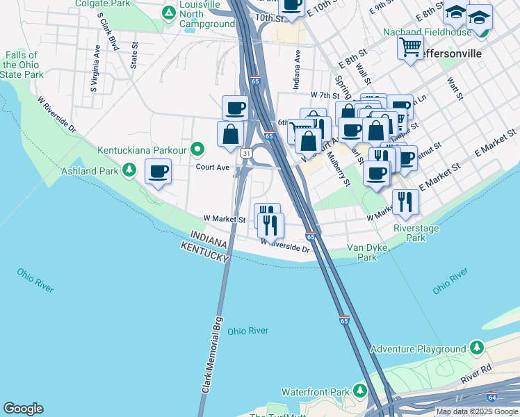 map of restaurants, bars, coffee shops, grocery stores, and more near 700-898 W Market St in Jeffersonville