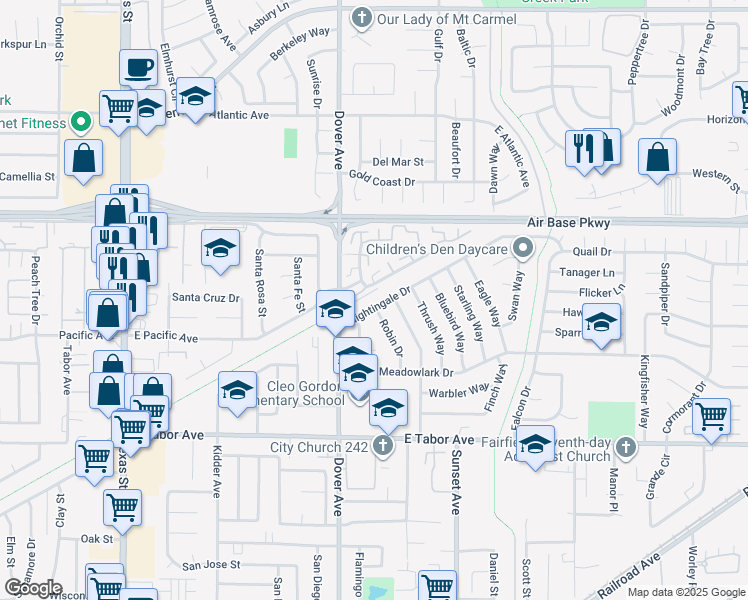 map of restaurants, bars, coffee shops, grocery stores, and more near 2065 Robin Drive in Fairfield