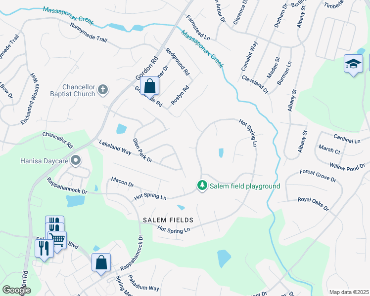 map of restaurants, bars, coffee shops, grocery stores, and more near 11306 Lenoir Court in Fredericksburg