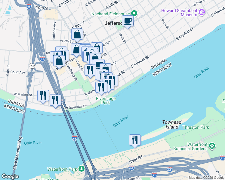 map of restaurants, bars, coffee shops, grocery stores, and more near West Riverside Drive in Jeffersonville