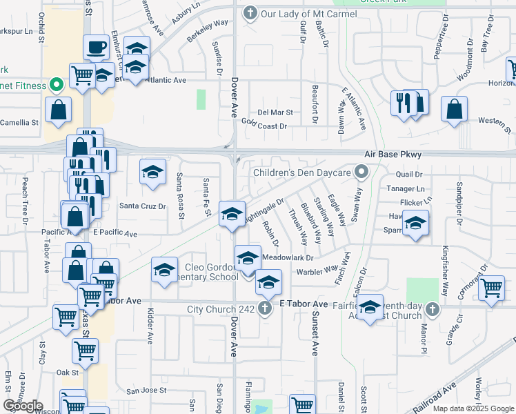map of restaurants, bars, coffee shops, grocery stores, and more near 2065 Robin Drive in Fairfield