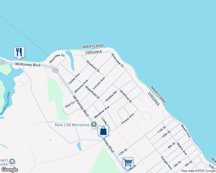 map of restaurants, bars, coffee shops, grocery stores, and more near 79 Azalea Road in Colonial Beach