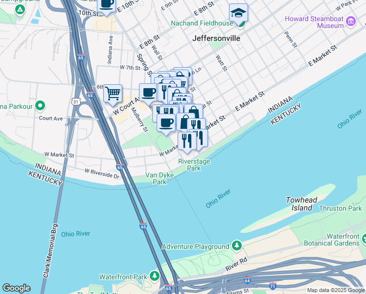 map of restaurants, bars, coffee shops, grocery stores, and more near 130 Pearl Street in Jeffersonville