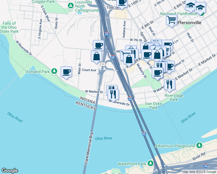 map of restaurants, bars, coffee shops, grocery stores, and more near 700-898 W Market St in Jeffersonville