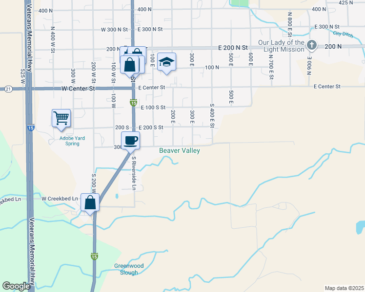 map of restaurants, bars, coffee shops, grocery stores, and more near 180 East 300 South Street in Beaver