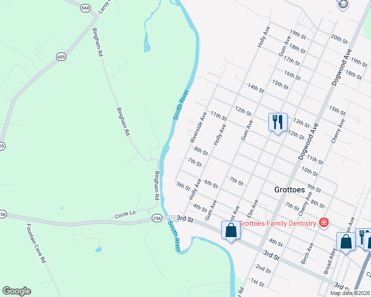 map of restaurants, bars, coffee shops, grocery stores, and more near 703 Riverside Avenue in Grottoes