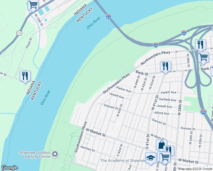 map of restaurants, bars, coffee shops, grocery stores, and more near 300 Northwestern Parkway in Louisville
