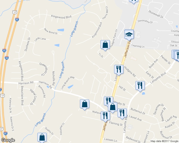 map of restaurants, bars, coffee shops, grocery stores, and more near 11329 Long Branch Way in Fredericksburg