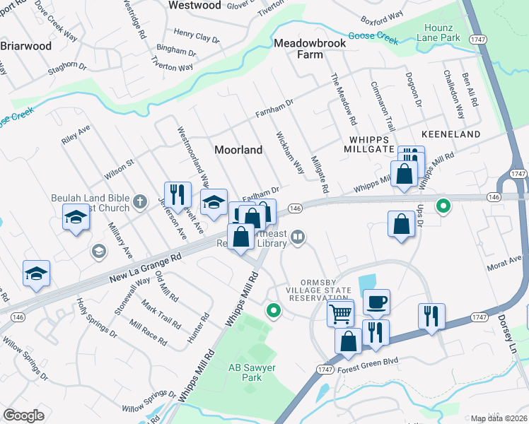 map of restaurants, bars, coffee shops, grocery stores, and more near 9337 La Grange Road in Louisville