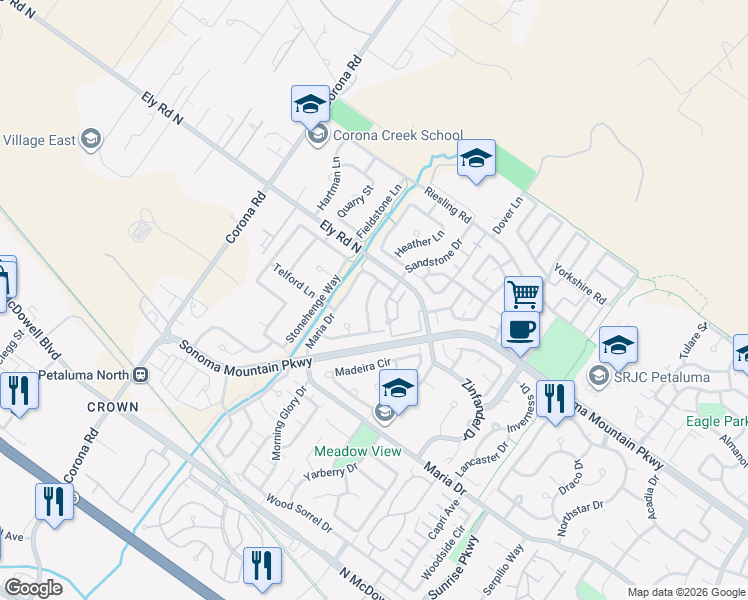 map of restaurants, bars, coffee shops, grocery stores, and more near 1759 Stone Creek Drive in Petaluma