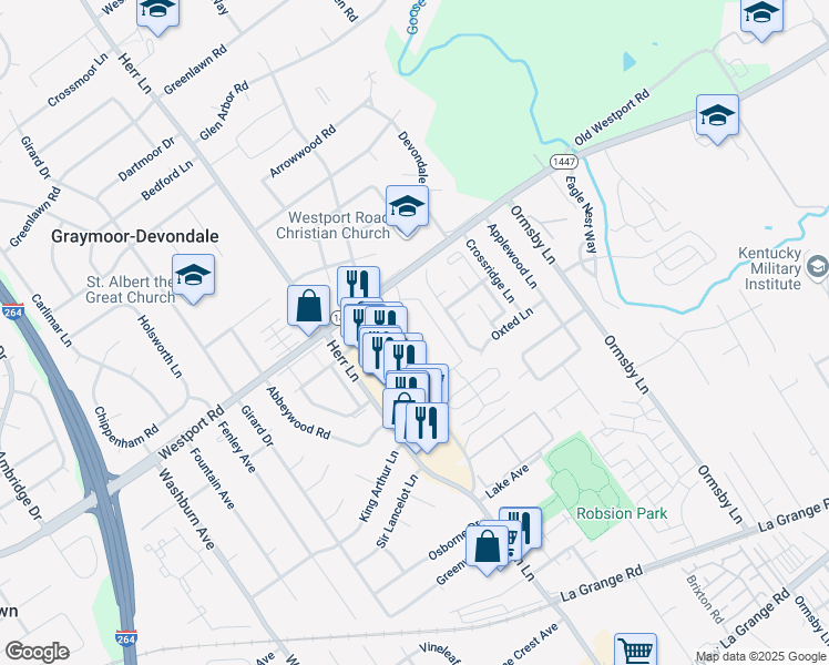 map of restaurants, bars, coffee shops, grocery stores, and more near 1131-1309 Lyndon Ln in Louisville