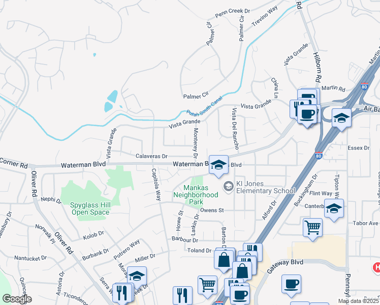 map of restaurants, bars, coffee shops, grocery stores, and more near 2810 Calaveras Drive in Fairfield