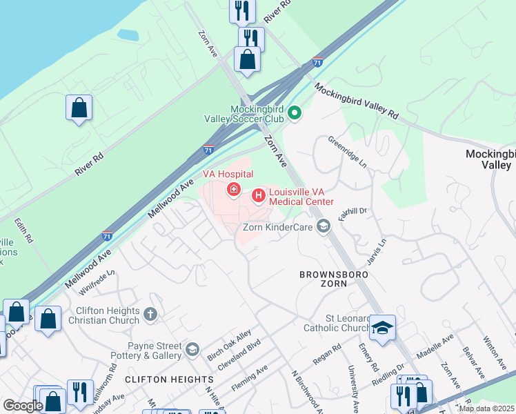 map of restaurants, bars, coffee shops, grocery stores, and more near 800 Zorn Avenue in Louisville