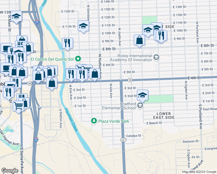 map of restaurants, bars, coffee shops, grocery stores, and more near 921 East 3rd Street in Pueblo