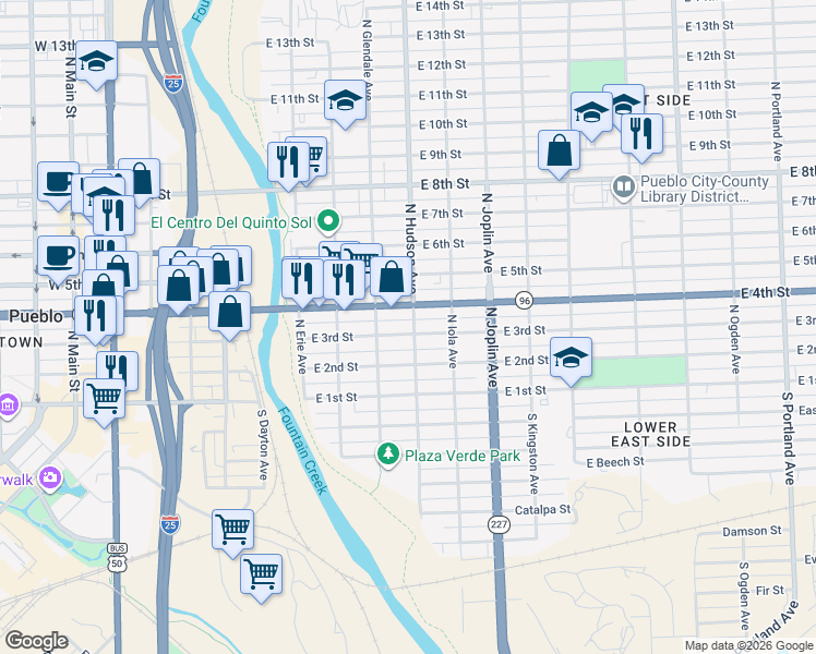 map of restaurants, bars, coffee shops, grocery stores, and more near 901 East 4th Street in Pueblo