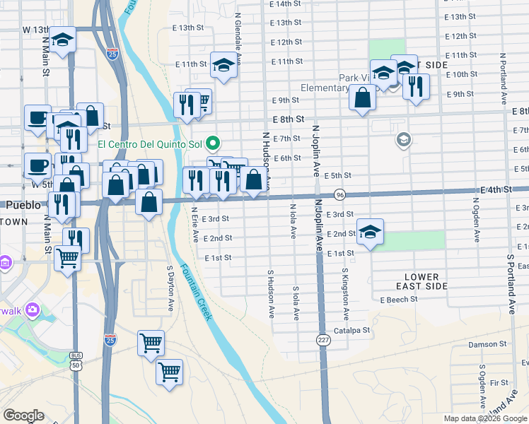 map of restaurants, bars, coffee shops, grocery stores, and more near 901 East 4th Street in Pueblo