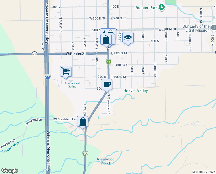 map of restaurants, bars, coffee shops, grocery stores, and more near 290 South Main Street in Beaver