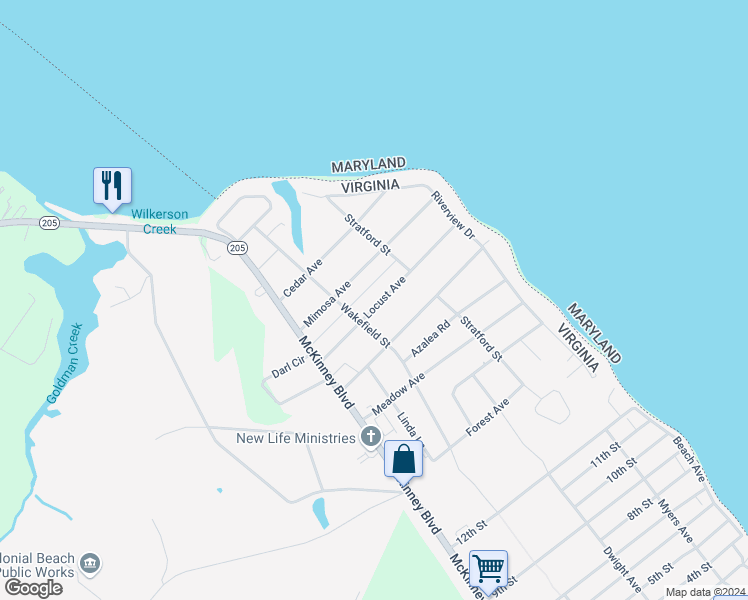 map of restaurants, bars, coffee shops, grocery stores, and more near 217 Locust Avenue in Colonial Beach