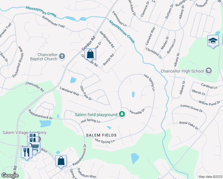 map of restaurants, bars, coffee shops, grocery stores, and more near 11305 Lenoir Court in Fredericksburg