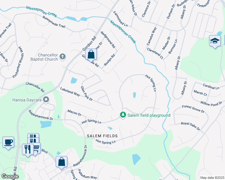 map of restaurants, bars, coffee shops, grocery stores, and more near 11305 Lenoir Court in Fredericksburg