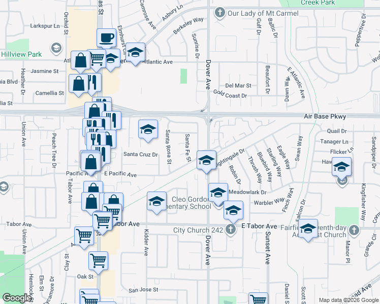 map of restaurants, bars, coffee shops, grocery stores, and more near 2272 Santa Fe Street in Fairfield