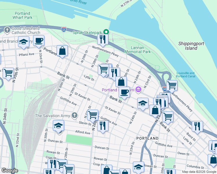 map of restaurants, bars, coffee shops, grocery stores, and more near 2616 Portland Avenue in Louisville