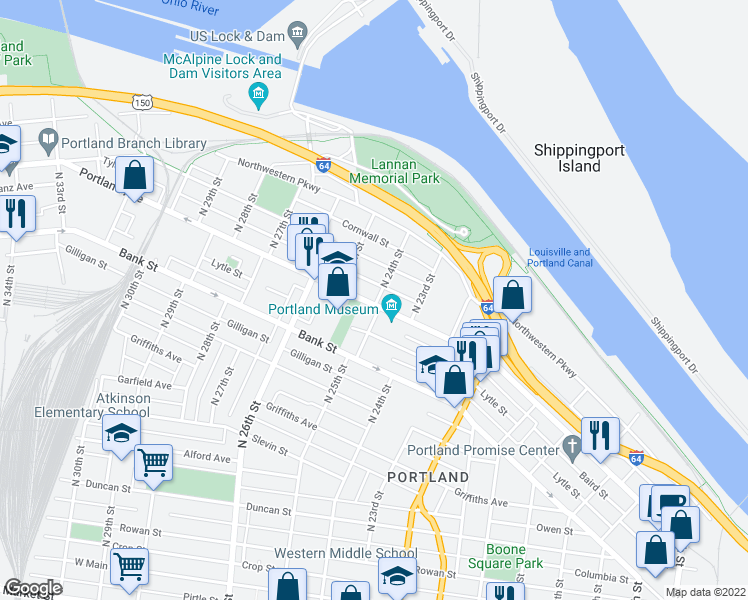 map of restaurants, bars, coffee shops, grocery stores, and more near 2401 Portland Avenue in Louisville