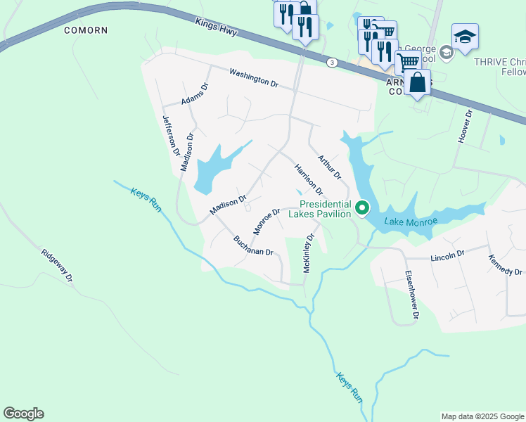 map of restaurants, bars, coffee shops, grocery stores, and more near 7497 Monroe Drive in King George