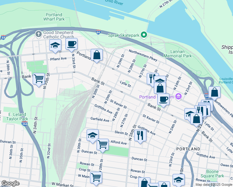 map of restaurants, bars, coffee shops, grocery stores, and more near 2901 Bank Street in Louisville