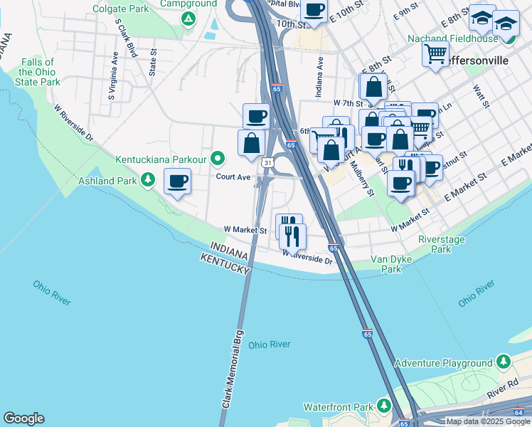 map of restaurants, bars, coffee shops, grocery stores, and more near 398 Southern Indiana Avenue in Jeffersonville