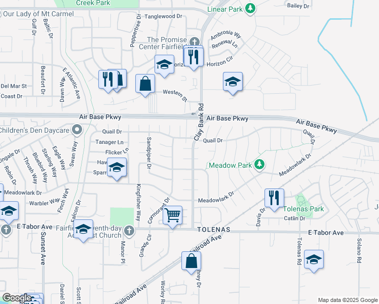 map of restaurants, bars, coffee shops, grocery stores, and more near 1239 Mallard Court in Fairfield
