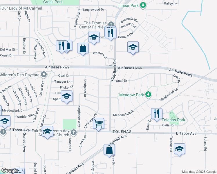 map of restaurants, bars, coffee shops, grocery stores, and more near 1239 Mallard Court in Fairfield