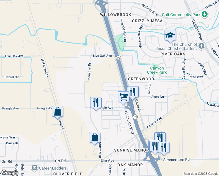 map of restaurants, bars, coffee shops, grocery stores, and more near 820 North Lincoln Way in Galt