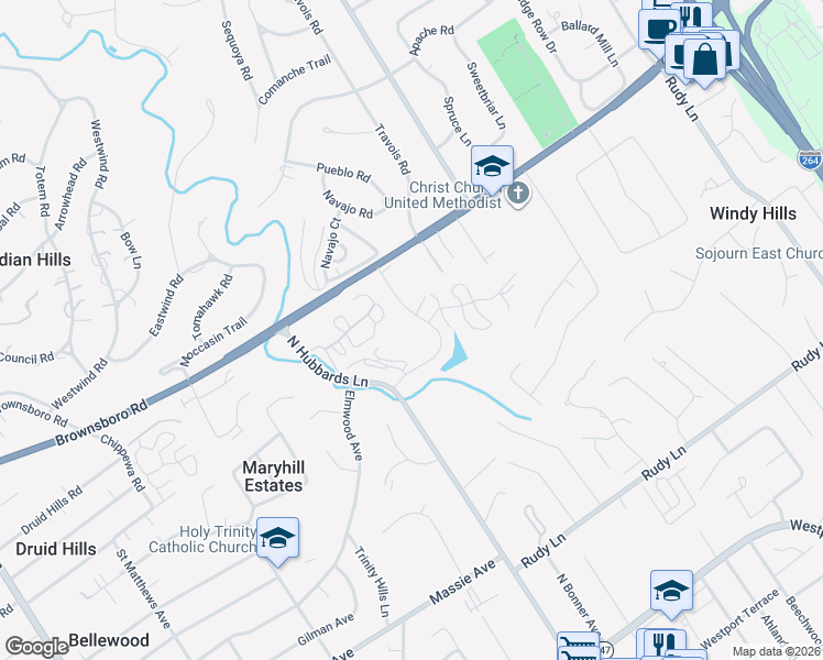 map of restaurants, bars, coffee shops, grocery stores, and more near 5800 Coach Gate Wynde in Windy Hills