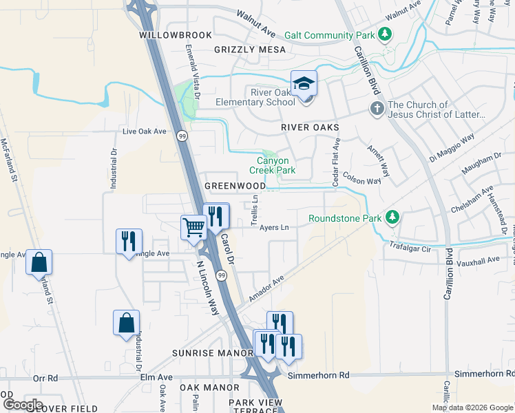 map of restaurants, bars, coffee shops, grocery stores, and more near 844 Lyonia Drive in Galt