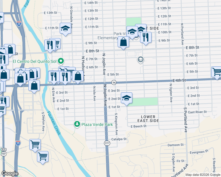 map of restaurants, bars, coffee shops, grocery stores, and more near in Pueblo