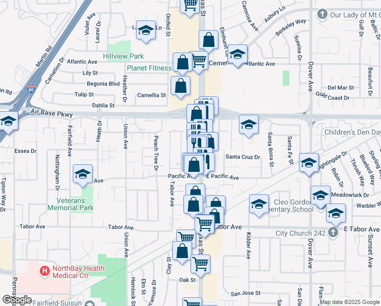 map of restaurants, bars, coffee shops, grocery stores, and more near 50 Anza Court in Fairfield