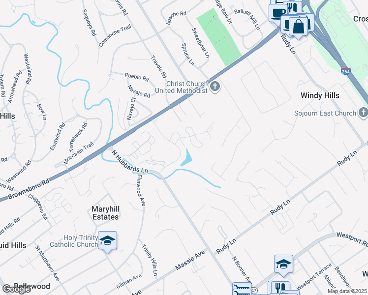 map of restaurants, bars, coffee shops, grocery stores, and more near 5803 Creighton Hill Road in Windy Hills