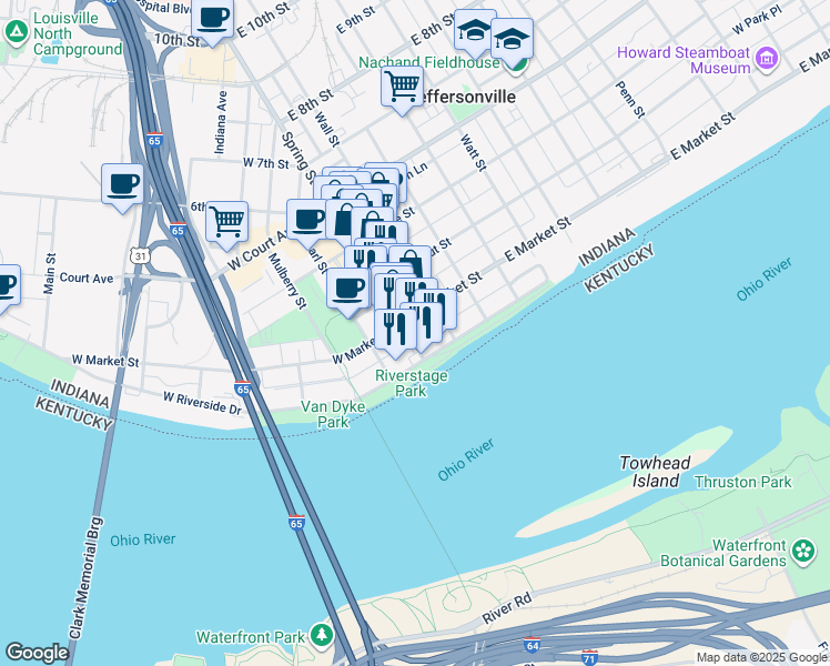 map of restaurants, bars, coffee shops, grocery stores, and more near 129 East Market Street in Jeffersonville