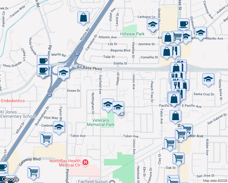 map of restaurants, bars, coffee shops, grocery stores, and more near in Fairfield