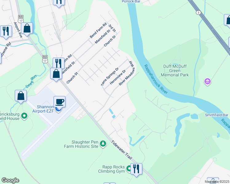 map of restaurants, bars, coffee shops, grocery stores, and more near 11507 River Meadows Way in Fredericksburg
