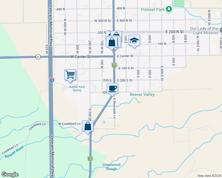 map of restaurants, bars, coffee shops, grocery stores, and more near 290 South Main Street in Beaver