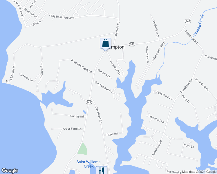 map of restaurants, bars, coffee shops, grocery stores, and more near 39970 Ben Morgan Road in Leonardtown