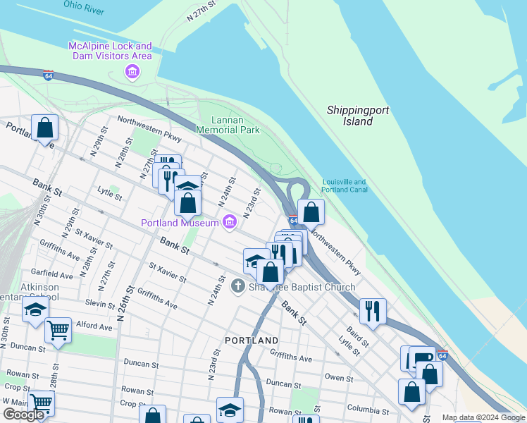 map of restaurants, bars, coffee shops, grocery stores, and more near 2215 Portland Avenue in Louisville