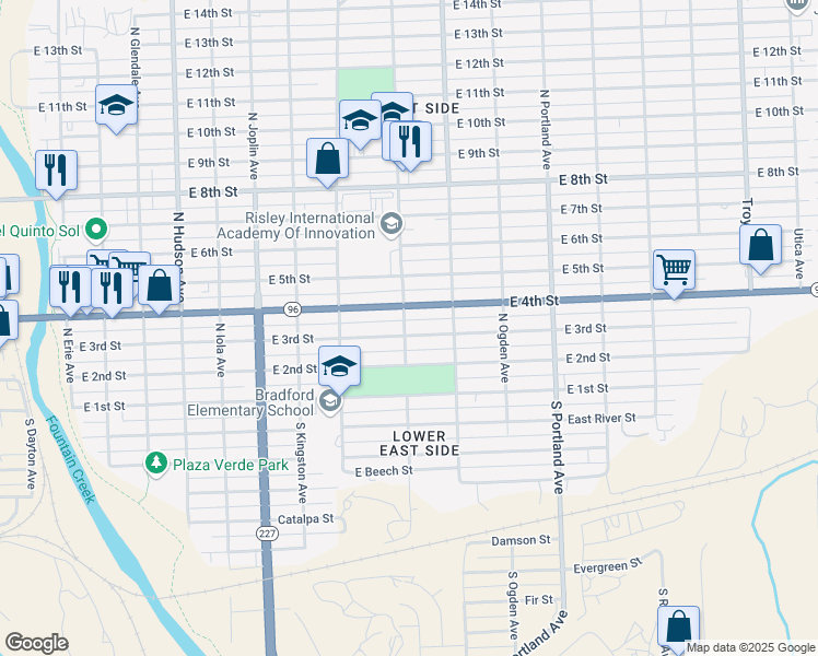 map of restaurants, bars, coffee shops, grocery stores, and more near 1403 East 3rd Street in Pueblo