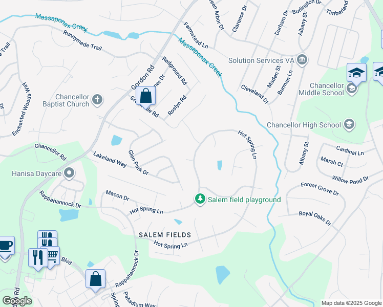 map of restaurants, bars, coffee shops, grocery stores, and more near 6124 Hot Spring Lane in Fredericksburg