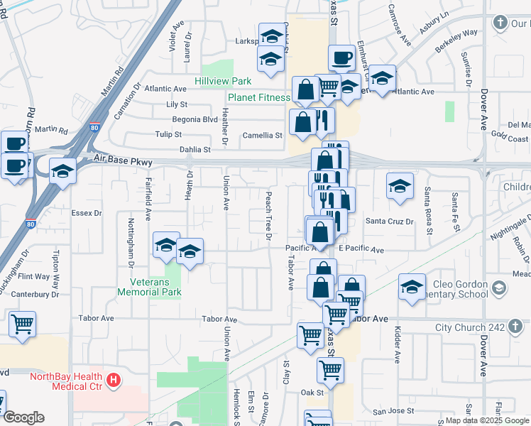 map of restaurants, bars, coffee shops, grocery stores, and more near 2321 Peach Tree Drive in Fairfield